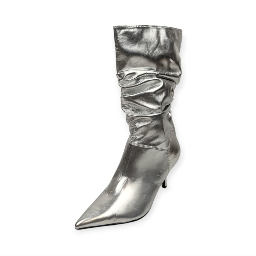 Marc Fisher Manya Boots 7.5 Silver Metallic Pointed Toe Heeled Ankle